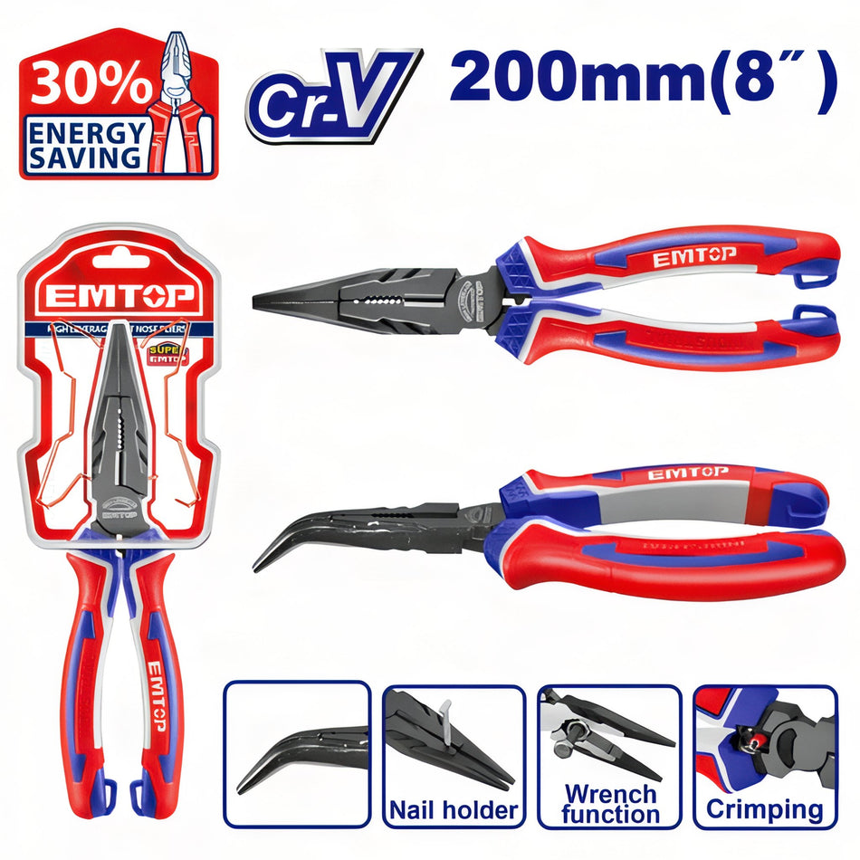 ALICATES DE PUNTA CURVA 8" 200mm Cr-V EMTOP