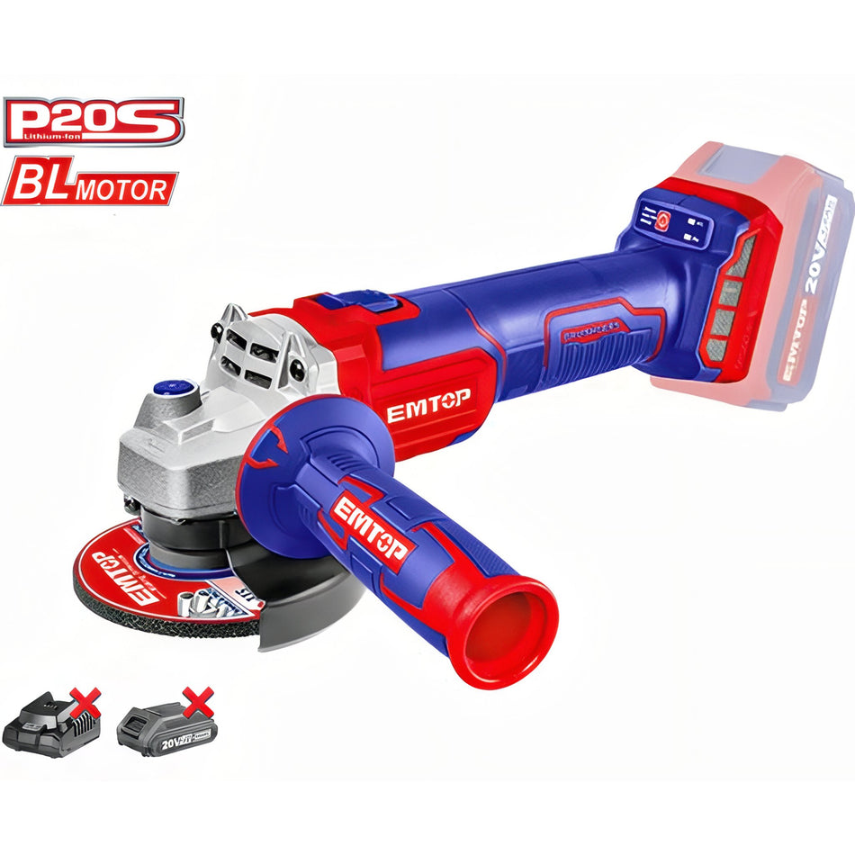 AMOLADORA 115MM M14 BATERIA 20V BRUSHLESS EMTOP P20S (BATERIA Y CARGADOR NO INCLUIDOS)