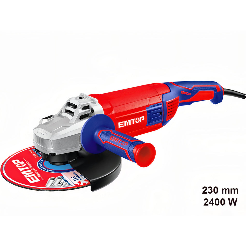 AMOLADORA 230MM 2400W EMTOP M14 (INCLUYE MANILLAR AUXILIAR - JUEGO ESCOBILLAS)