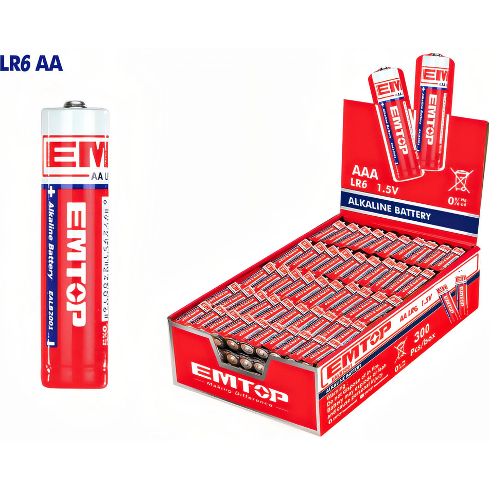 CAJA EXPOSITOR 128 PILAS ALCALINAS 1.5V LR6 AA 2900mAh EMTOP (32 blister de 4 uds)