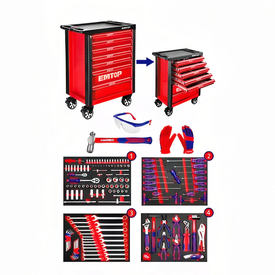 CARRO PORTAHERRAMIENTAS 7 CAJONES CON 163PCS EMTOP