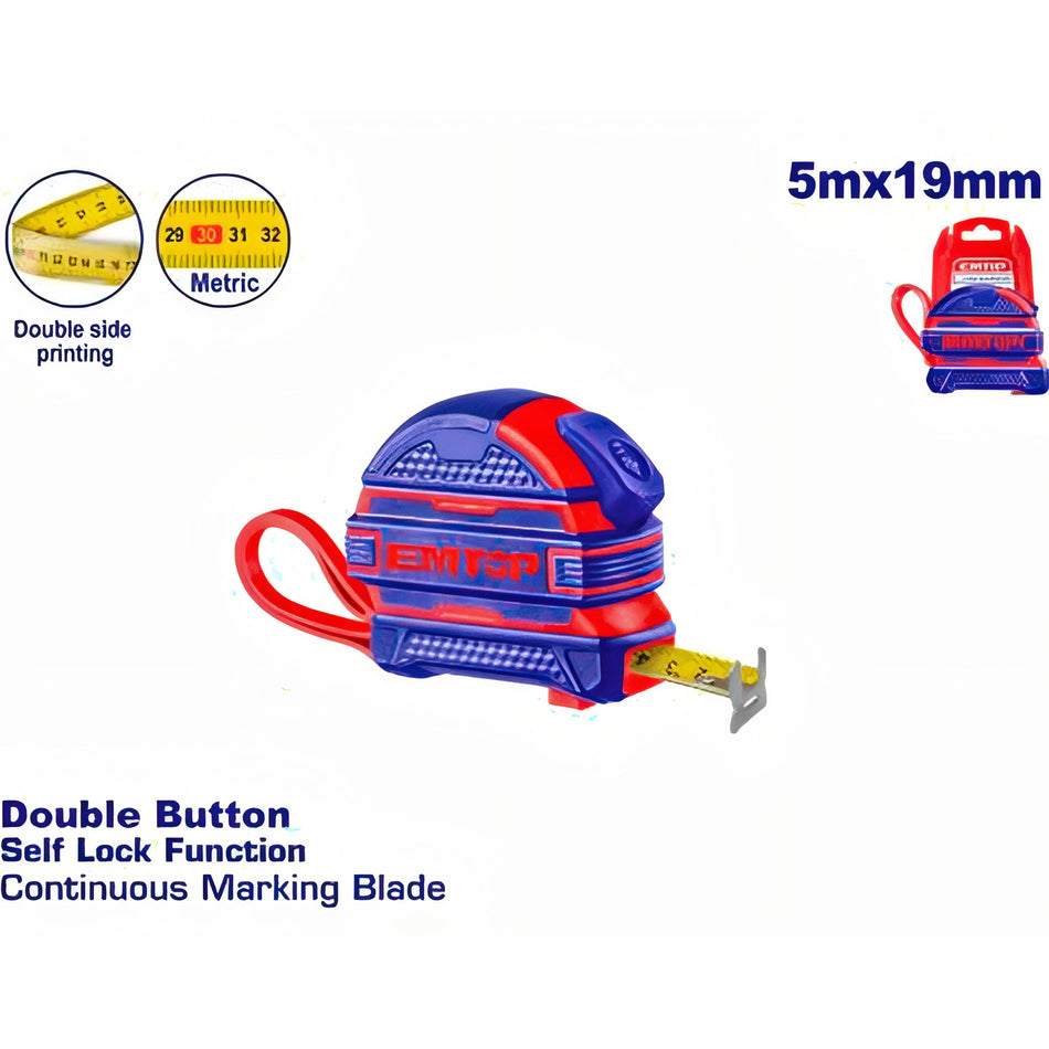 CINTA METRICA 5M x 19mm (BOTON STOP - CUBIERTA GOMA)