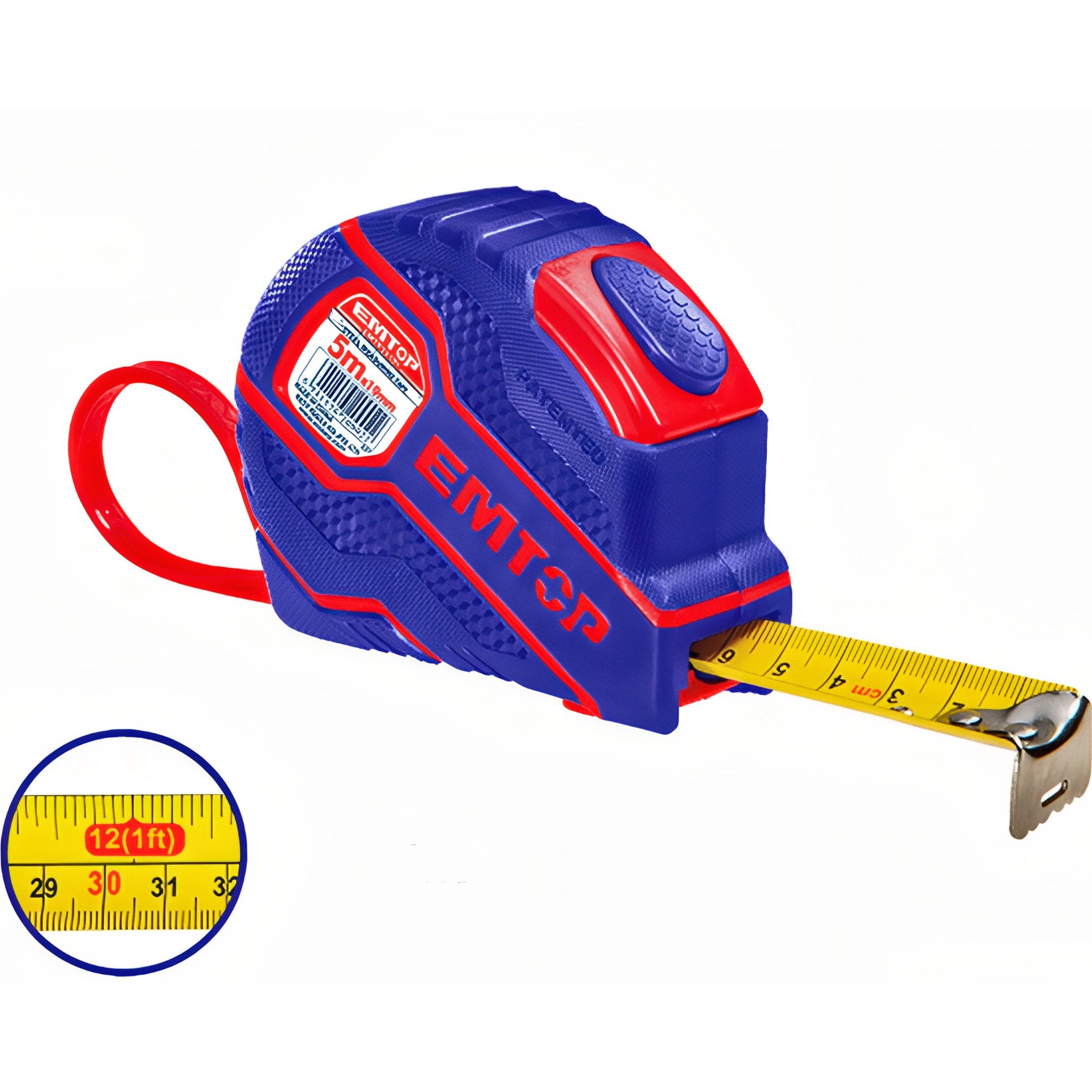 CINTA METRICA Y PULGADAS  5M x 19mm (BOTON STOP - CUBIERTA GOMA)