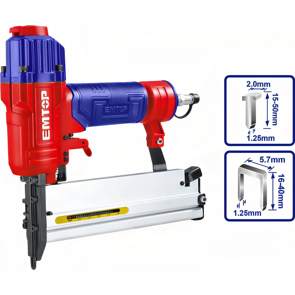 CLAVADORA 2EN1 NEUMATICA EMTOP PARA COMPRESOR 15-50mm (INCLUYE GRAPAS Y CLAVOS)