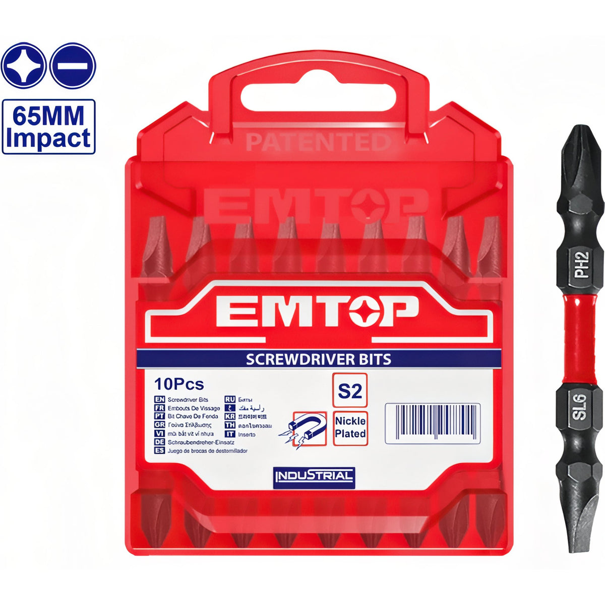 CONJUNTO 10 PUNTERAS DESTORNILLADOR IMPACTO (PH2 + SL6 - 65mm) EMTOP