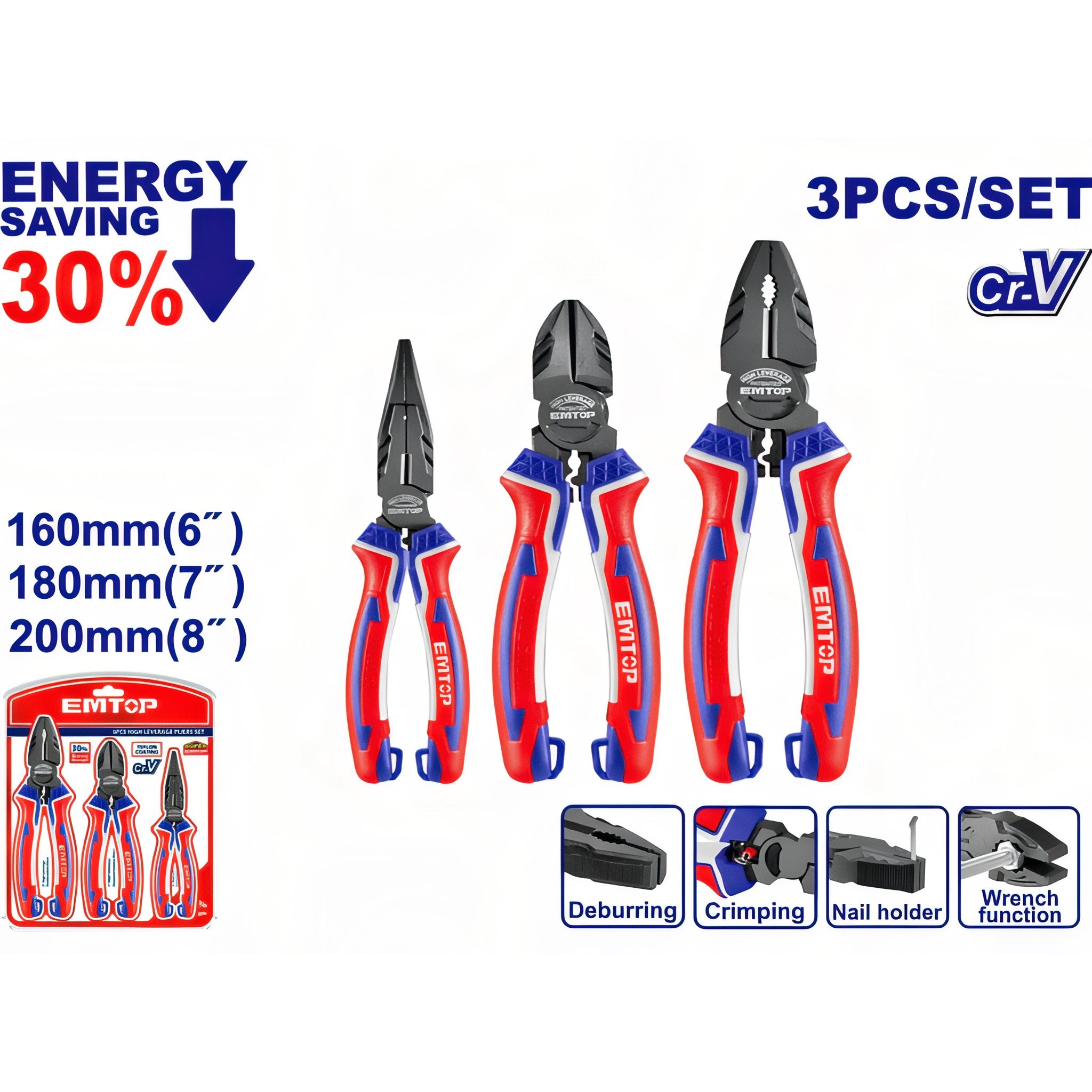 CONJUNTO 3 ALICATES Cr-V EMTOP (COMBINADO 8" - CORTE 7" - PINZA 6")