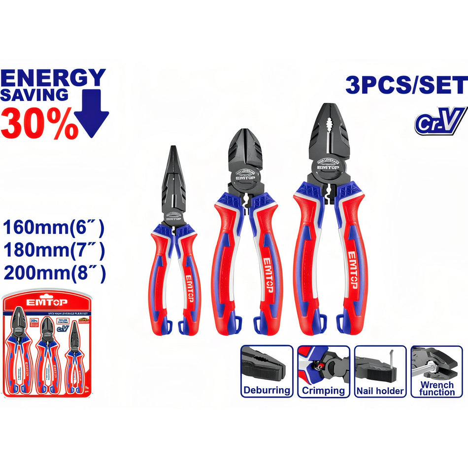 CONJUNTO 3 ALICATES Cr-V EMTOP (COMBINADO 8" - CORTE 7" - PINZA 6")