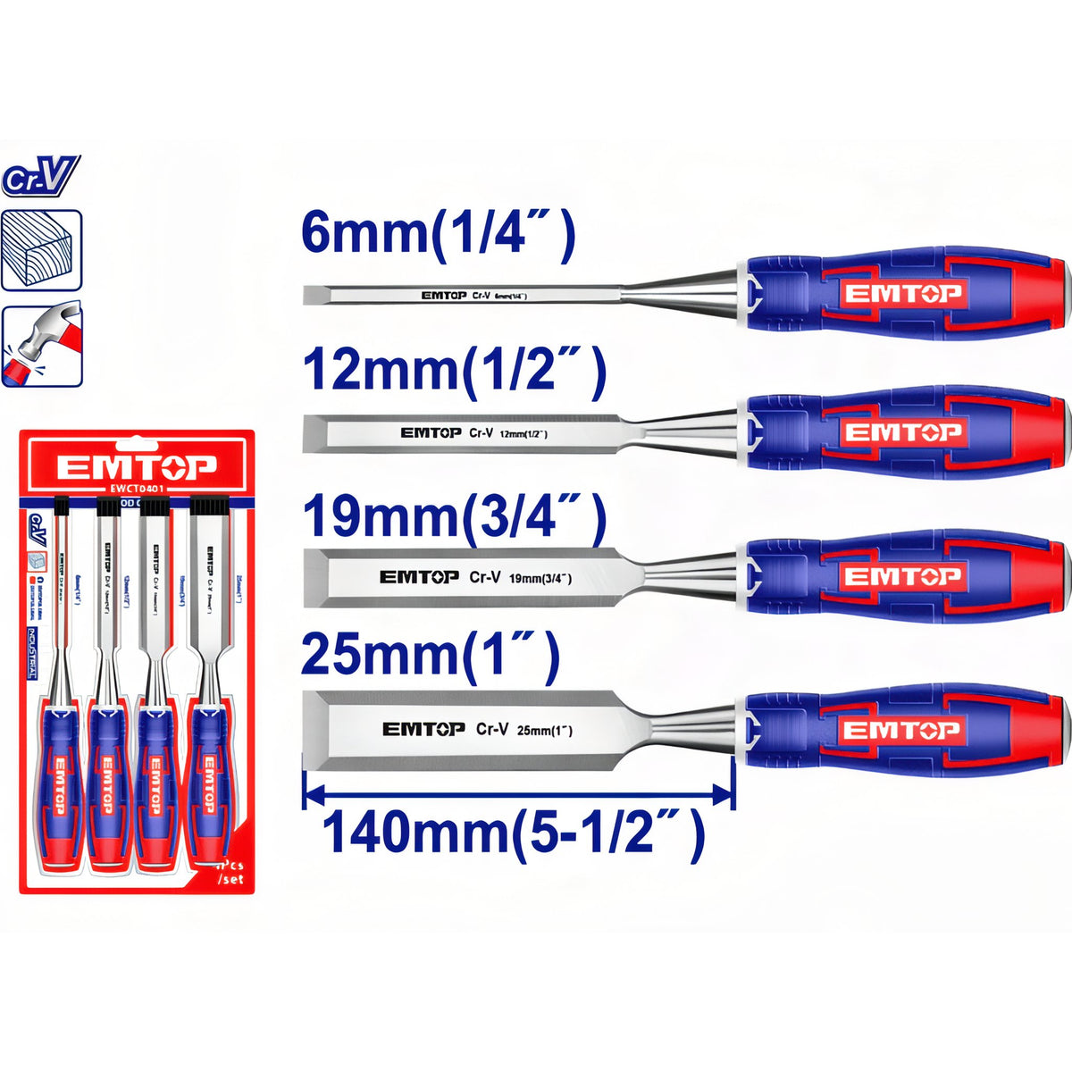 CONJUNTO 4 FORMONES MADERA 140MM CR-V (6mm, 12mm, 19mm, 25mm) EMTOP