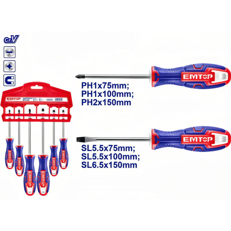CONJUNTO 6 DESTORNILLADORES EMTOP (2xSL5.5 -1xSL6.5 - 2xPH1 - 1xPH2)