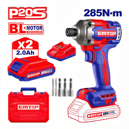 DESTORNILLADOR DE IMPACTO 285NM  BATERÍA 20V - P20S - (INCLUYE 2 BATERÍAS Y CARGADOR) EMTOP