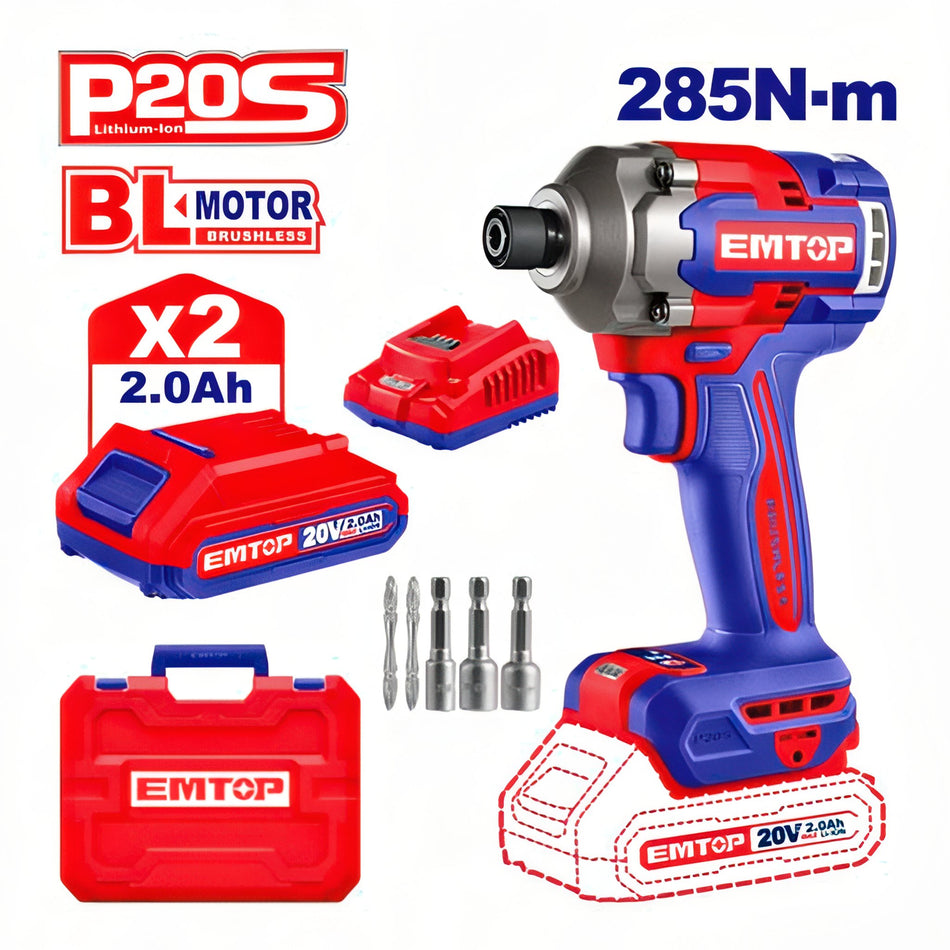 DESTORNILLADOR DE IMPACTO 285NM  BATERÍA 20V - P20S - (INCLUYE 2 BATERÍAS Y CARGADOR) EMTOP