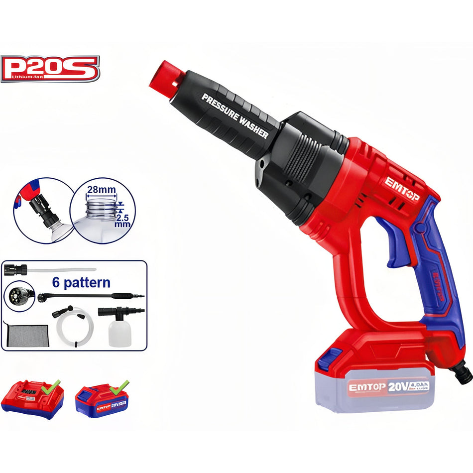 HIDROLIMPIADORA BATERIA 20V - P20S EMTOP (24.8bar - 2.2 L/min) - (INCLUYE BATERIA 4.0Ah Y CARGADOR