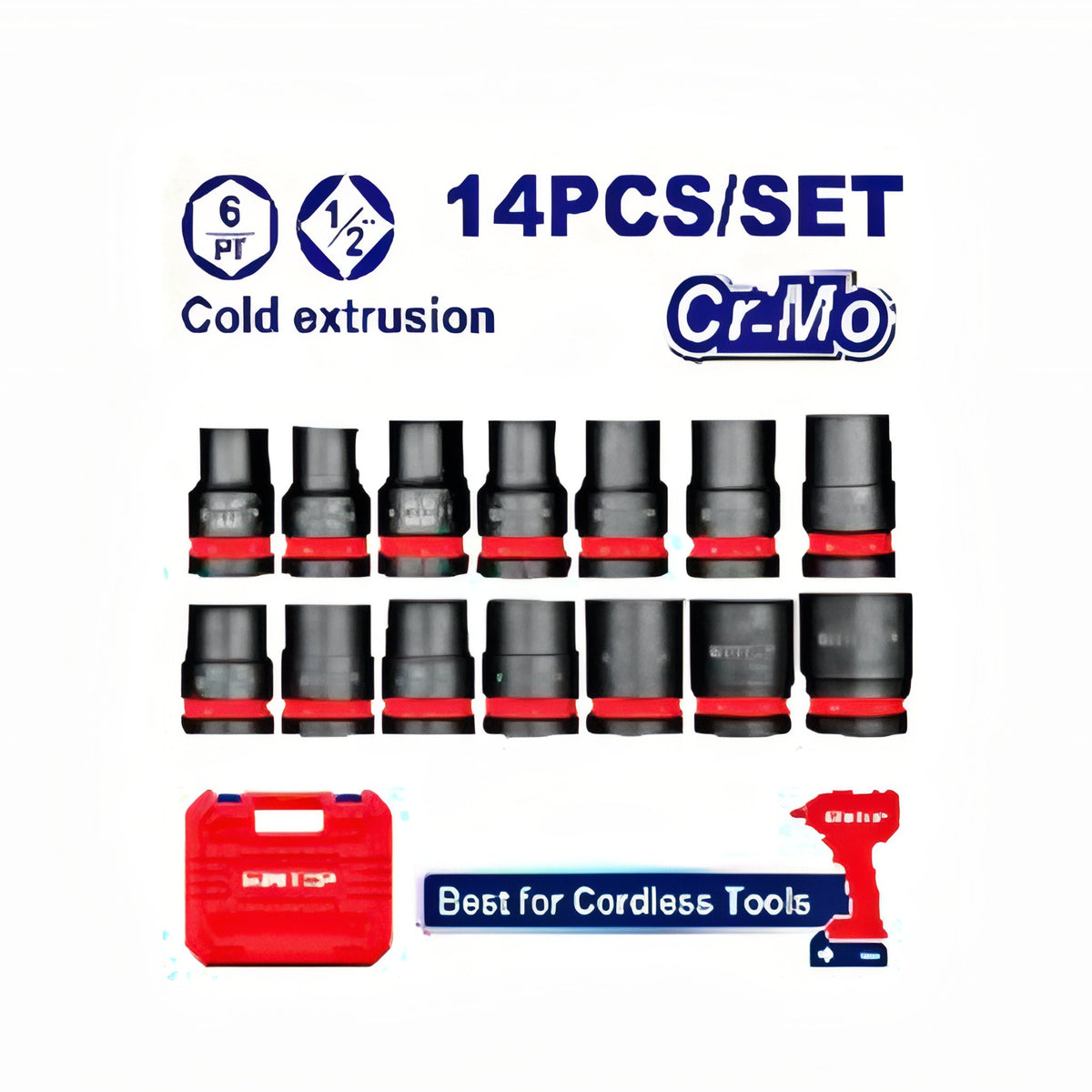 JUEGO 14 CUBOS DE IMPACTO EMTOP 1/2" CR MO (10,12,13,14,15,16,17,18,19,21,22,24,27)