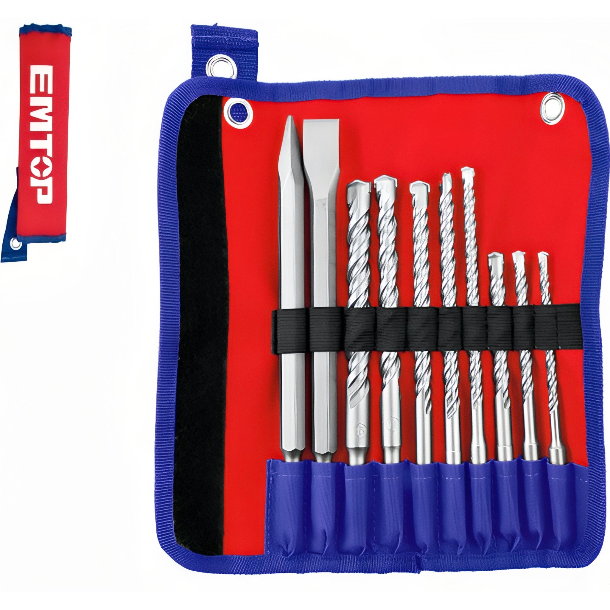 JUEGO 8 BROCAS (6x-8x-10x160mm -8x-10x-12x-14x-16x210mm) + 2 CINCELES (14x250) SDS PLUS EMTOP