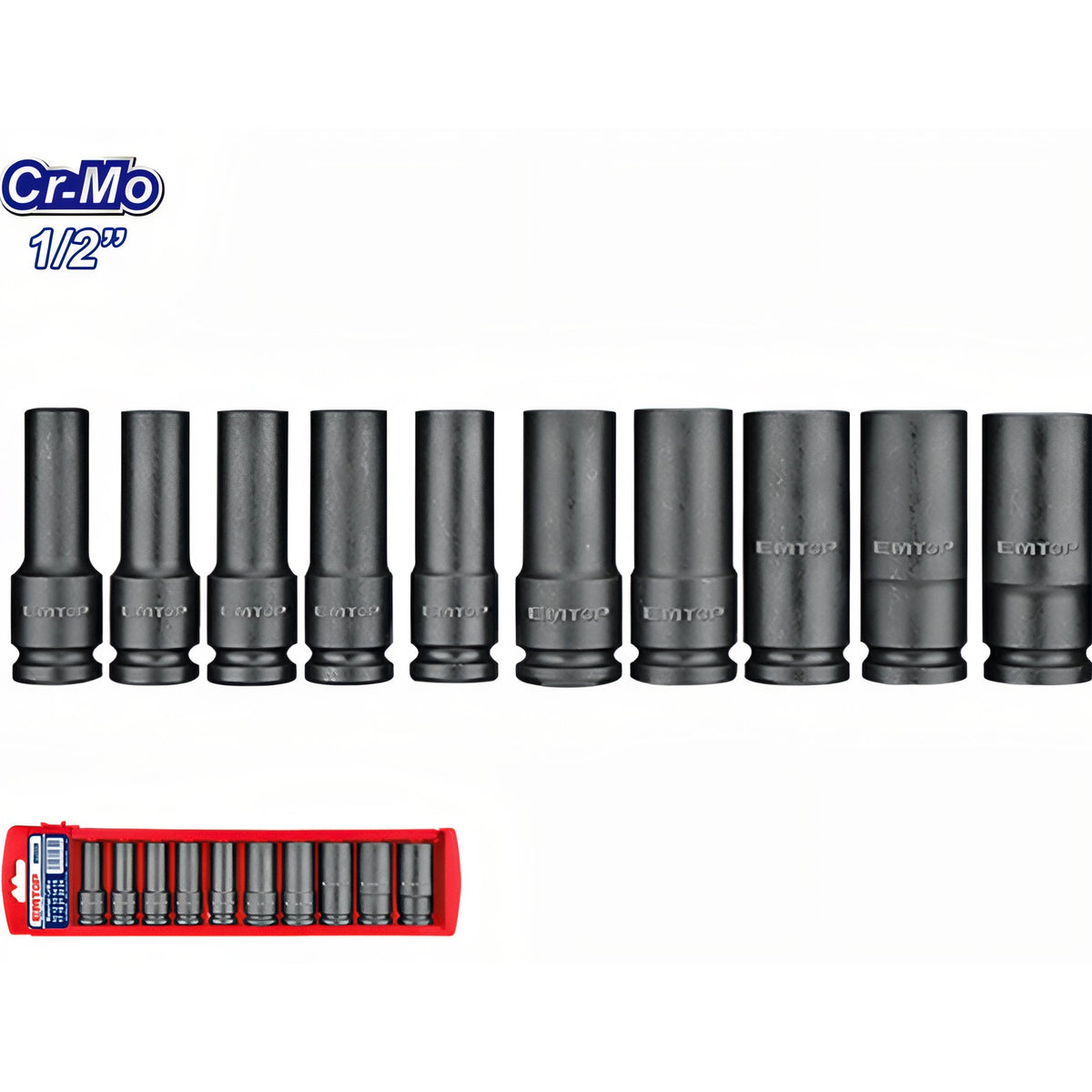 JUEGO CUBOS DE IMPACTO EMTOP LARGOS 78MM 1/2" CR MO - 10 PCS (10,12,13,14,15,17,19,21,22,24)