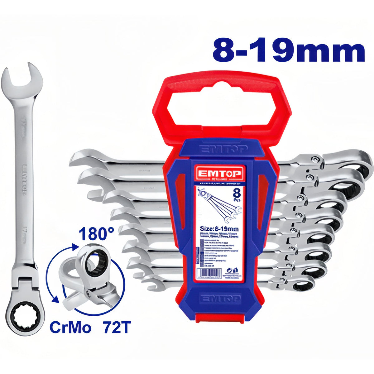 JUEGO DE LLAVES CARRACA ARTICULADA 8-19MM 8 PCS (8, 10, 12, 13, 14, 15, 17, 19) EMTOP