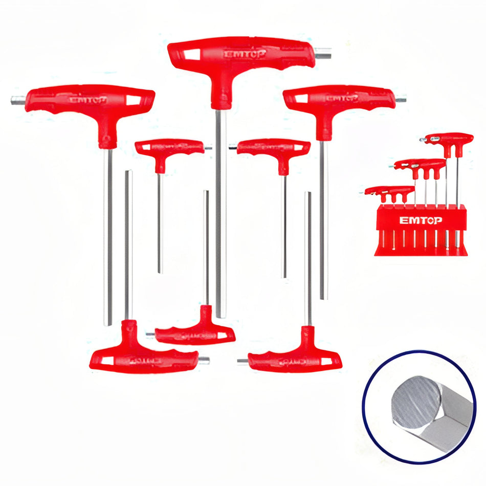 JUEGO LLAVES ALLEN CR-V - 8PCS (2x75, 2.5x75, 3x100, 4x100, 5x150, 6x150, 8x200, 10x200) EMTOP'