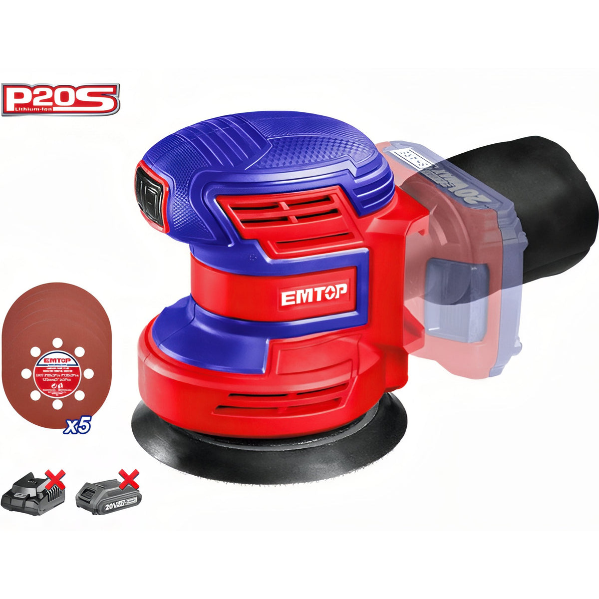 LIJADORA ORBITAL BATERIA EMTOP 20V 125mm P20S (CON 5 LIJAS - NO INCLUYE BATERIA NI CARGADOR)