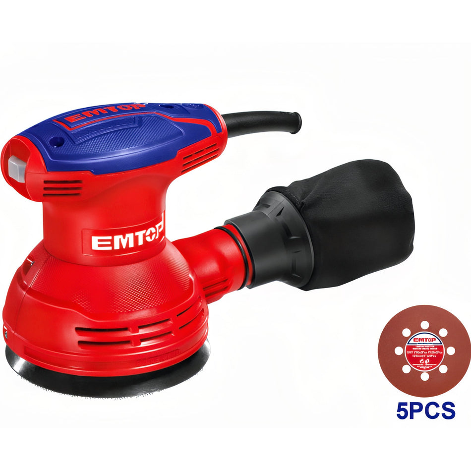 LIJADORA ROTO ORBITAL ELECTRICA 320W EMTOP 125MM - BASE VELCRO (INCLUYE 5 LIJAS)