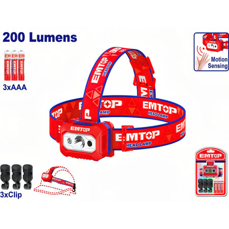 LINTERNA FRONTAL LED PARA CABEZA 200lm EMTOP - SENSOR MOVIMIENTO (INCLUYE 3 PILAS AAA)