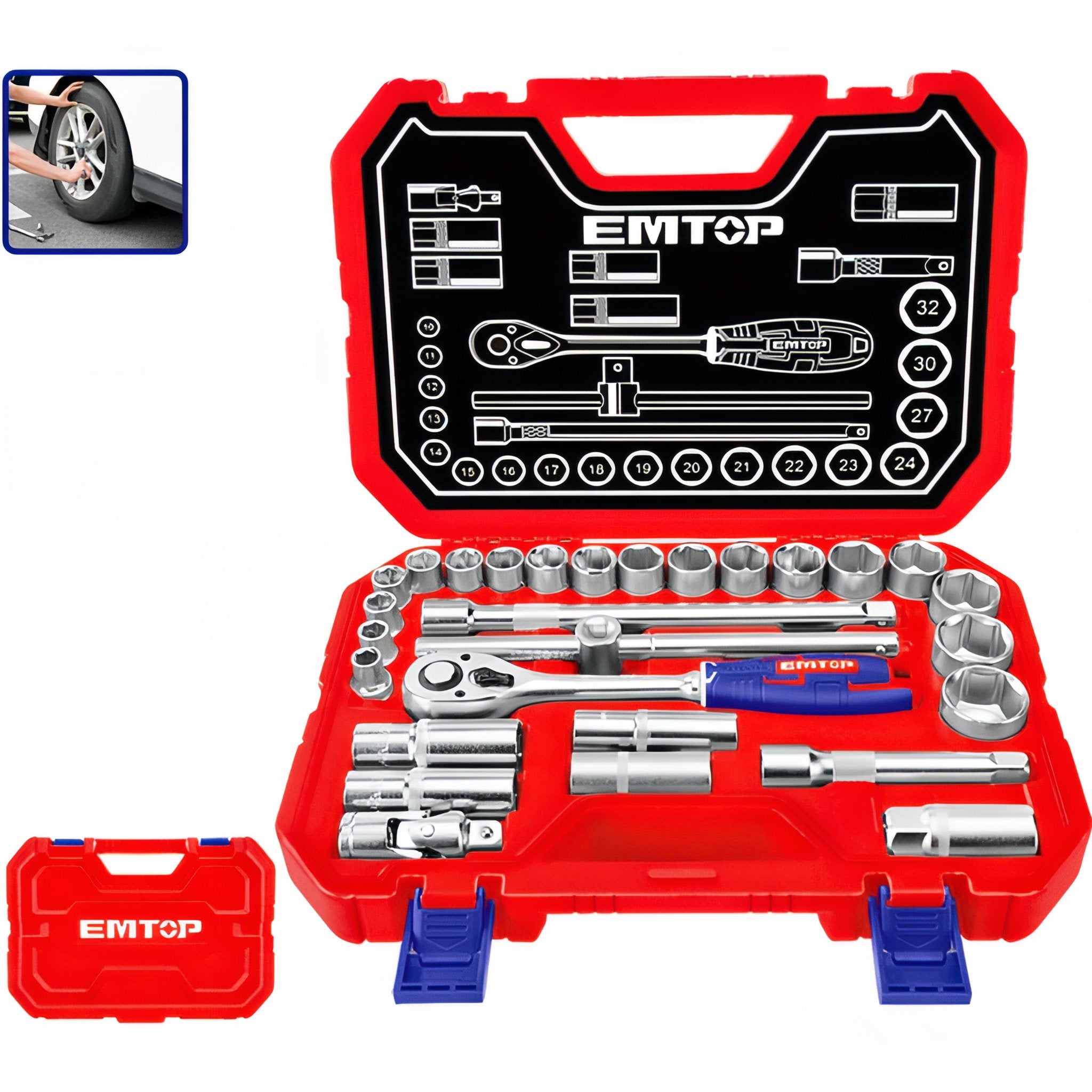 MALETIN 28 PIEZAS 1/2" Cr-V EMTOP (INCLUYE VASOS 10-32,CARRACA Y EXTENSIONES)