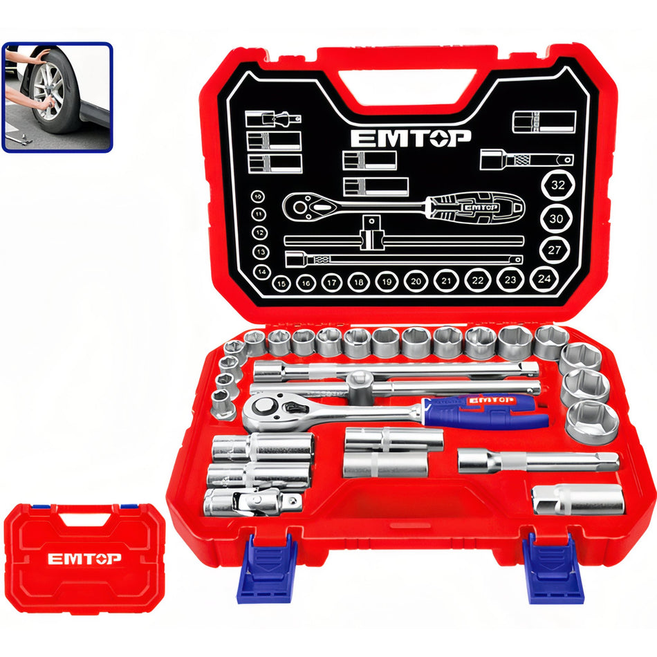 MALETIN 28 PIEZAS 1/2" Cr-V EMTOP (INCLUYE VASOS 10-32,CARRACA Y EXTENSIONES)