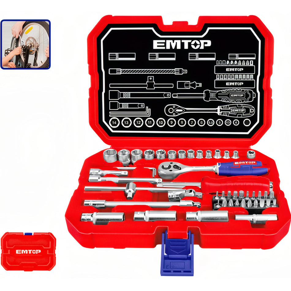 MALETIN 49 PIEZAS 1/4" Cr-V EMTOP (INCLUYE VASOS 10-14, LLAVES Y EXTENSIONES)