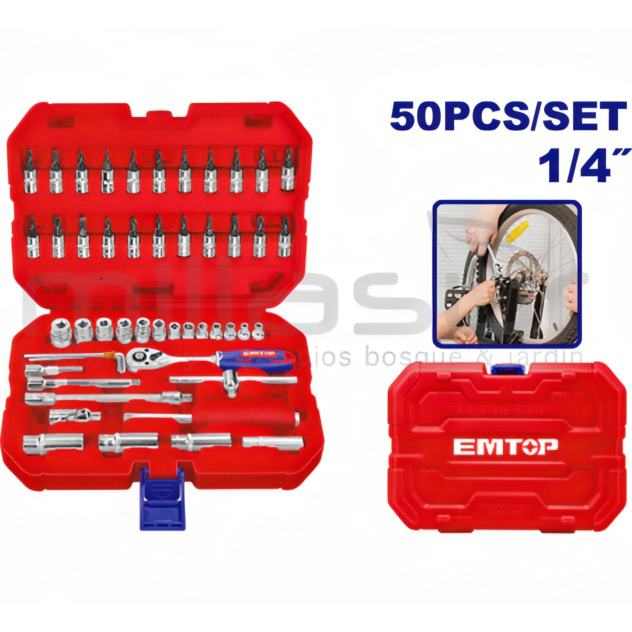 MALETIN 50 PIEZAS 1/4" Cr-V EMTOP (INCLUYE VASOS 4-14, LLAVES Y EXTENSIONES)