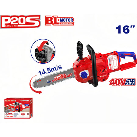 MOTOSIERRA BATERIA 16" 40V (20V+20V) EMTOP - P20S BRUSHLESS (INCLUYE 2x4.0Ah BATERÍAS Y CARGADOR DUA