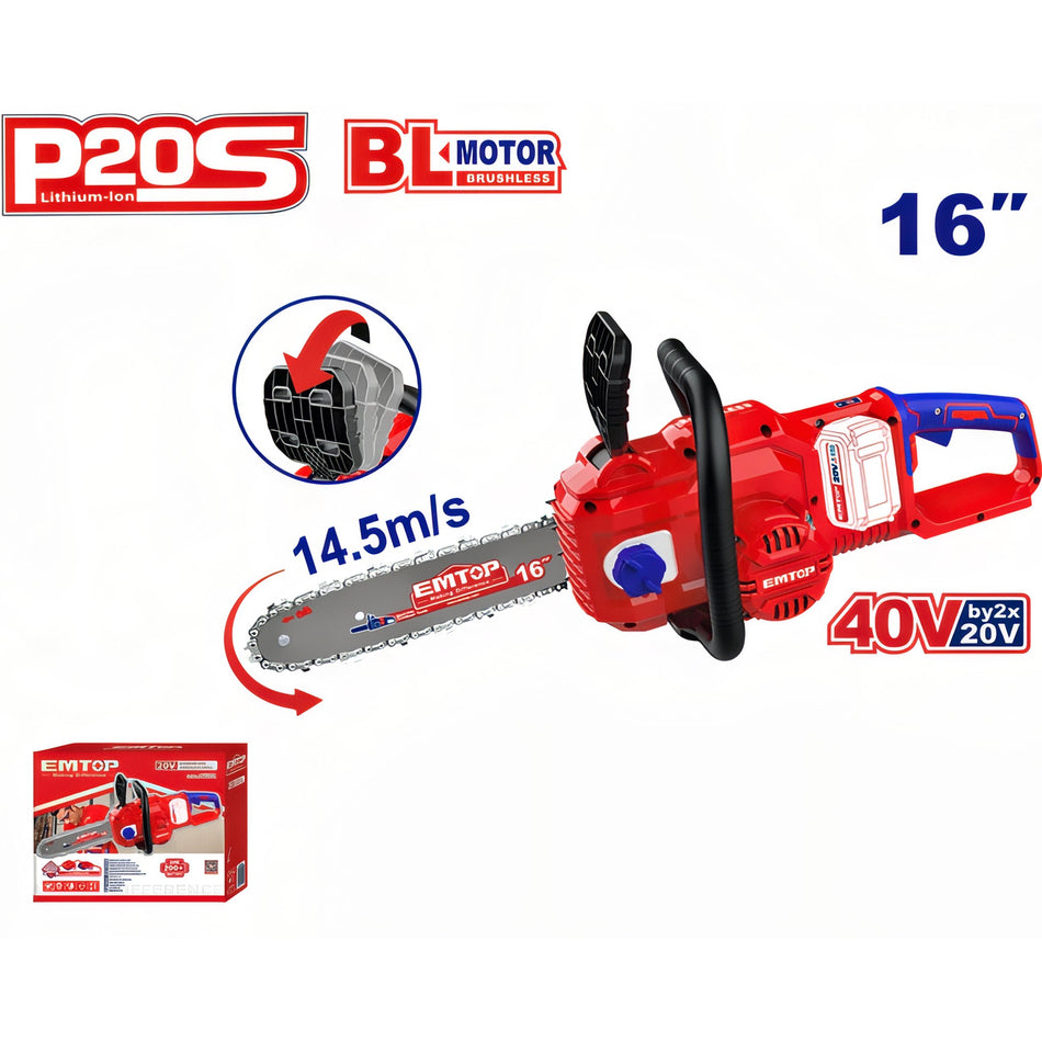 MOTOSIERRA BATERIA 16" 40V (20V+20V) EMTOP - P20S BRUSHLESS (INCLUYE 2x4.0Ah BATERÍAS Y CARGADOR DUA