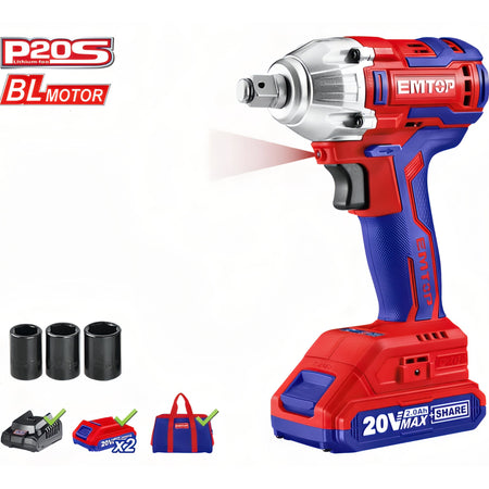 PISTOLA DE IMPACTO 1/2" 300NM EMTOP BATERÍA 20V - P20S - (CON VASOS 17-19-21; BAT X2, CARG, BOLSA)