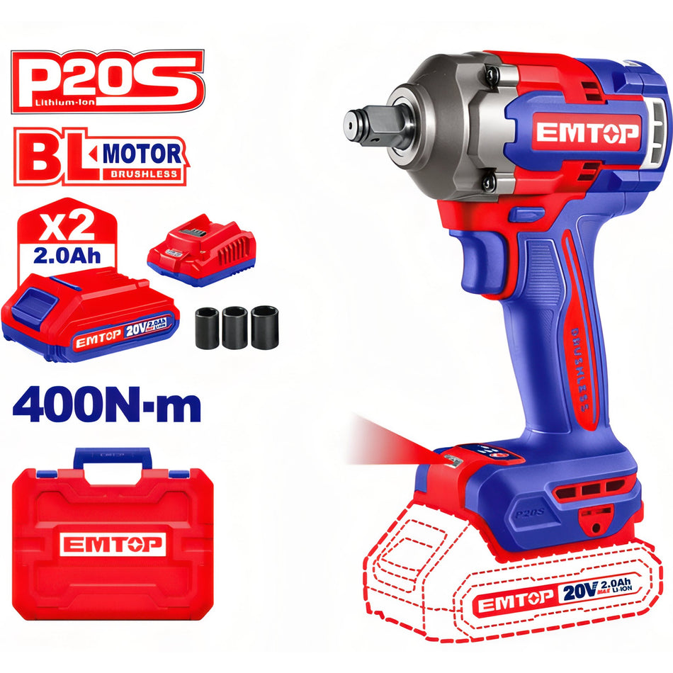 PISTOLA DE IMPACTO 1/2" 400NM EMTOP BATERÍA 20V - P20S - (CON VASOS 17-19-21; BAT X2, CARG, MALETIN)