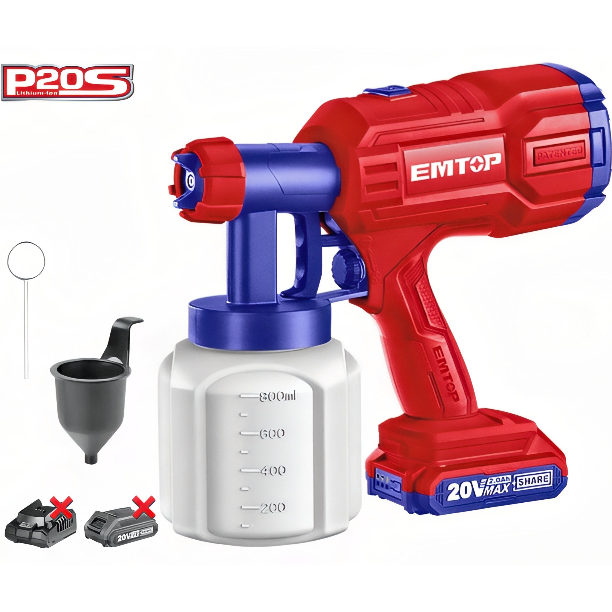 PISTOLA PINTURA BATERIA 20V 0.1-0.2bar 800ml/min - P20S EMTOP (NO INCLUYE BATERIA NI CARGADOR)