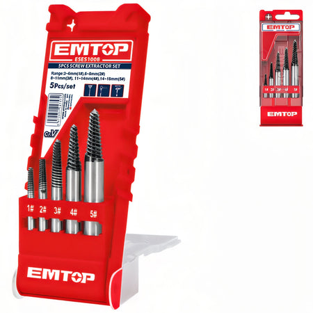 SET 5 EXTRACTORES DE TORNILLOS CR-V (3-6, 6-8, 8-11, 11-14, 14-18mm) EMTOP