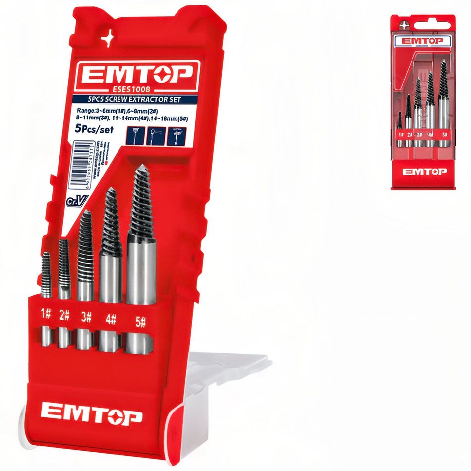 SET 5 EXTRACTORES DE TORNILLOS CR-V (3-6, 6-8, 8-11, 11-14, 14-18mm) EMTOP