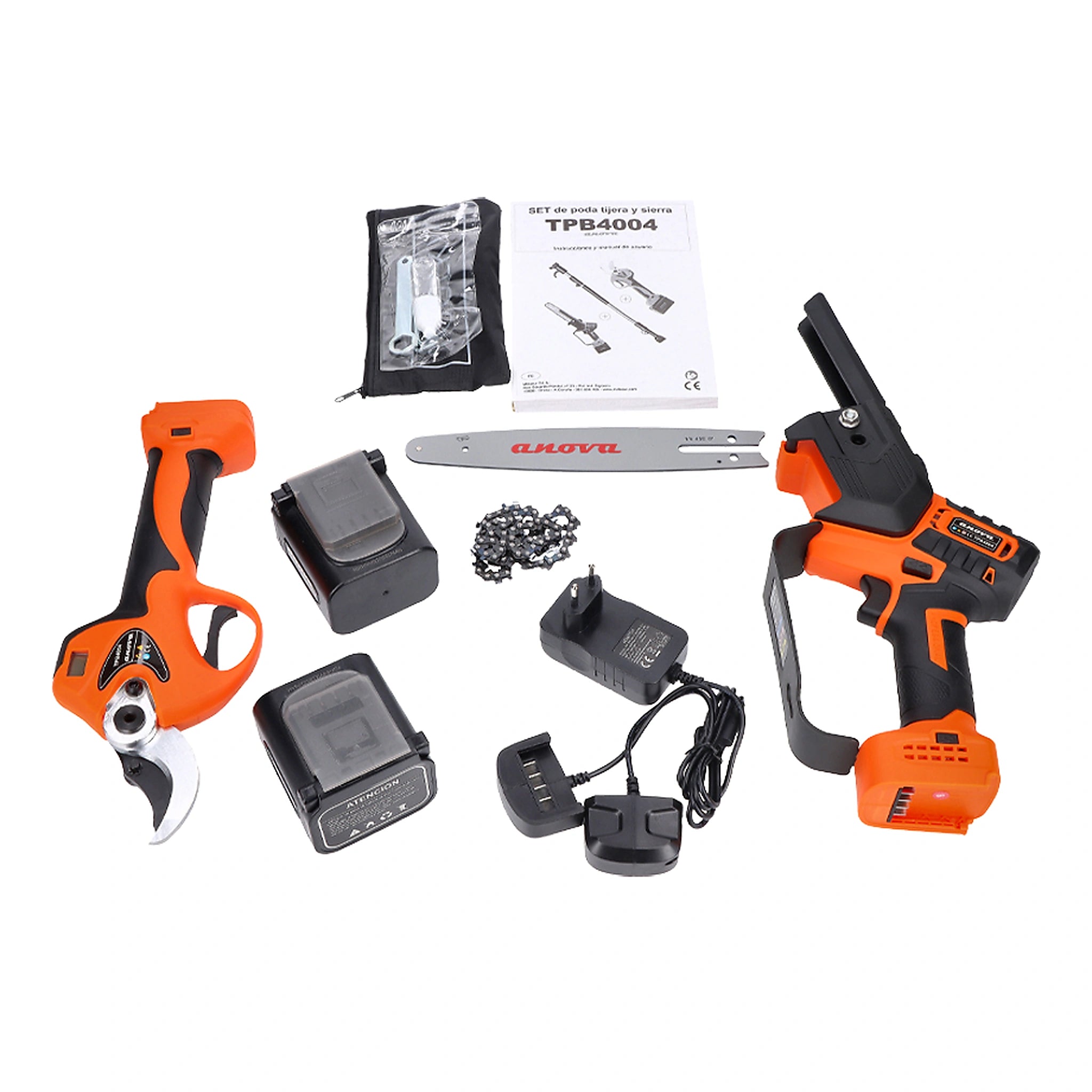Set de poda: tijera 40mm + sierra 8" + pértiga 1,5-2,1m 21v anova