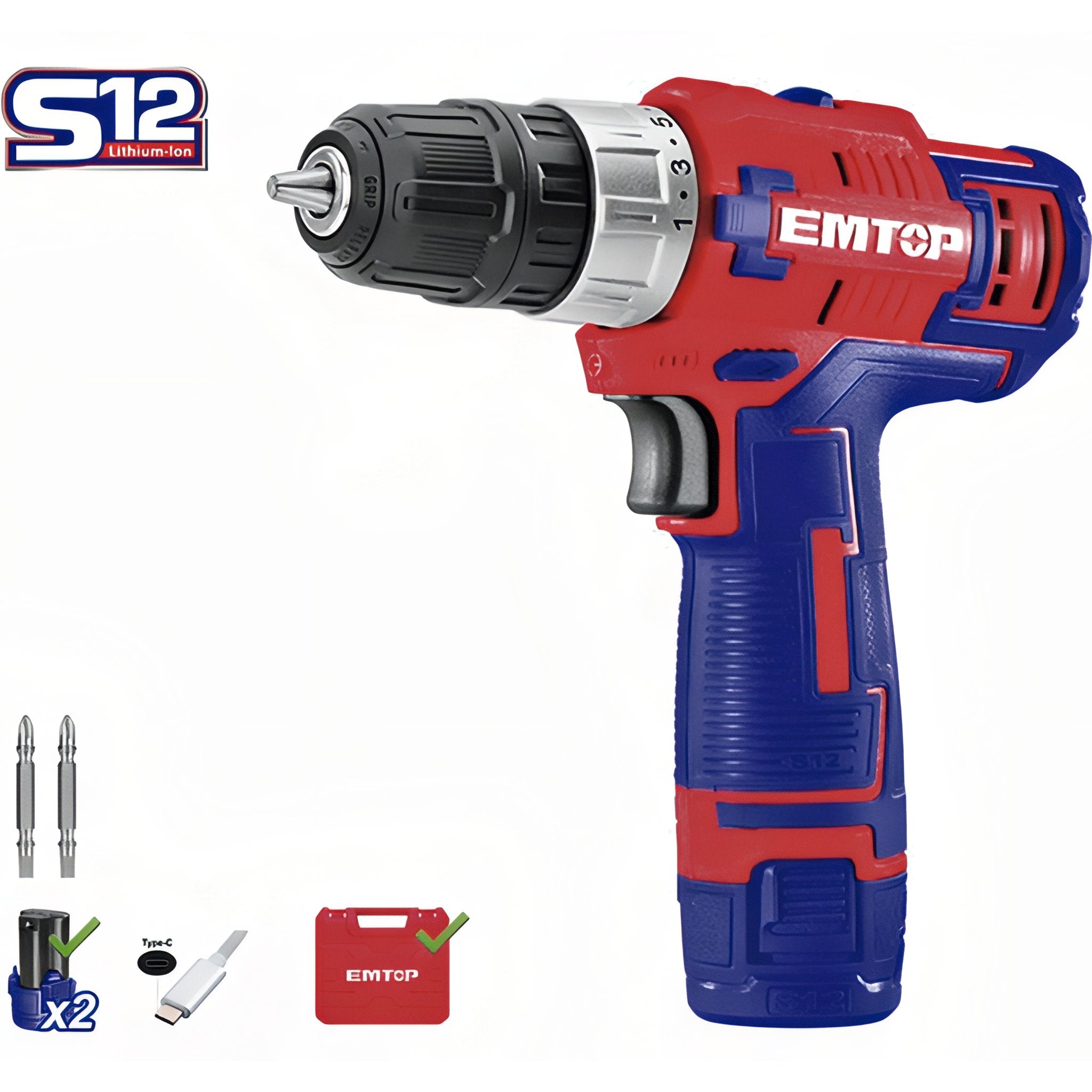 TALADRO BATERIA EMTOP 12V 1.5Ah 45NM (INCLUYE 2 BATERIAS Y MALETIN) CARGADOR TIPO C