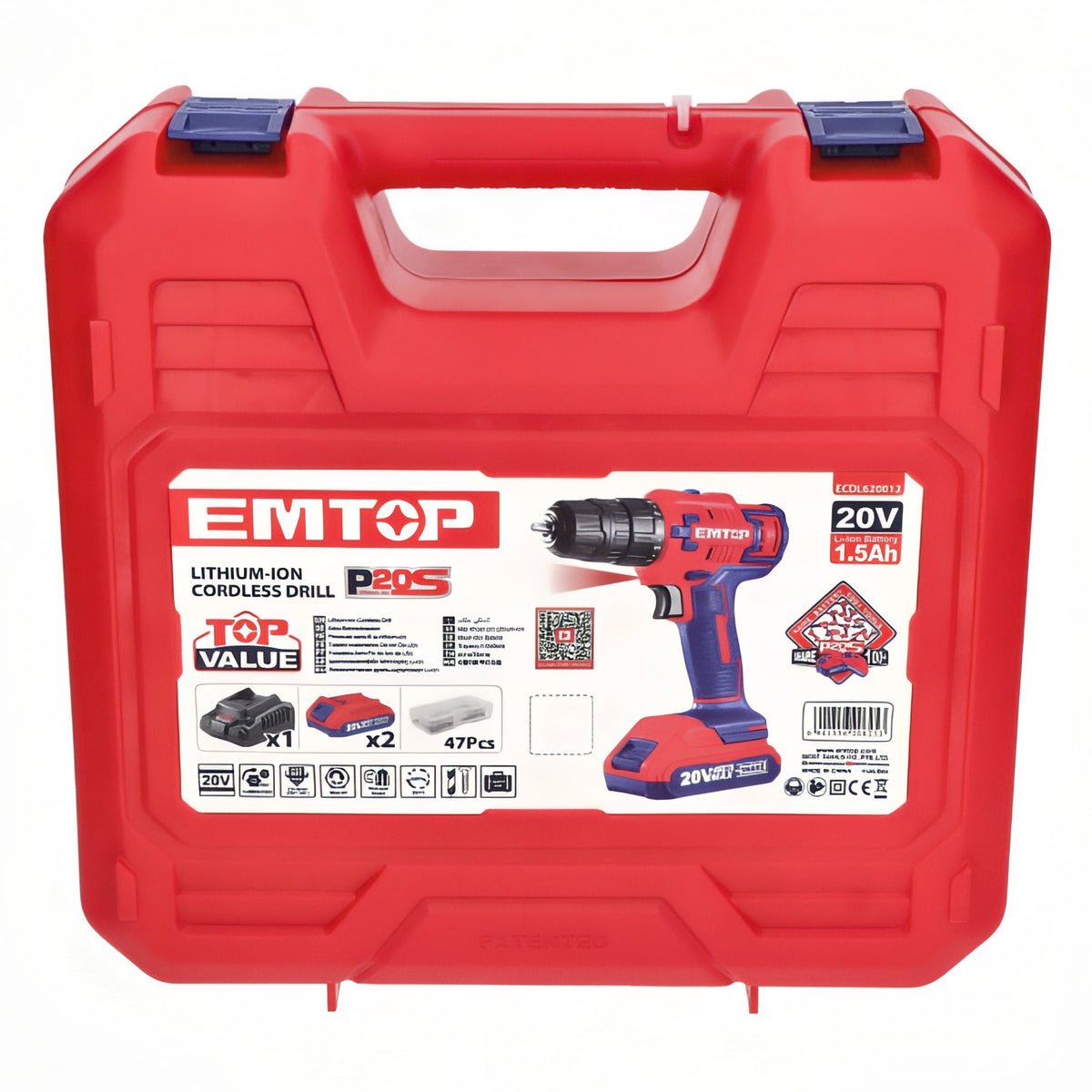 TALADRO BATERIA EMTOP 20V 45NM 15+1 P20S (INCLUYE 2 BATERIAS 2Ah, CARGADOR, MALETIN)
