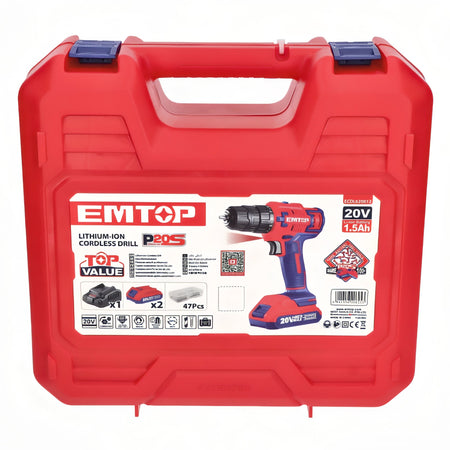 TALADRO BATERIA EMTOP 20V 45NM 15+1 P20S (INCLUYE 2 BATERIAS 2Ah, CARGADOR, MALETIN)