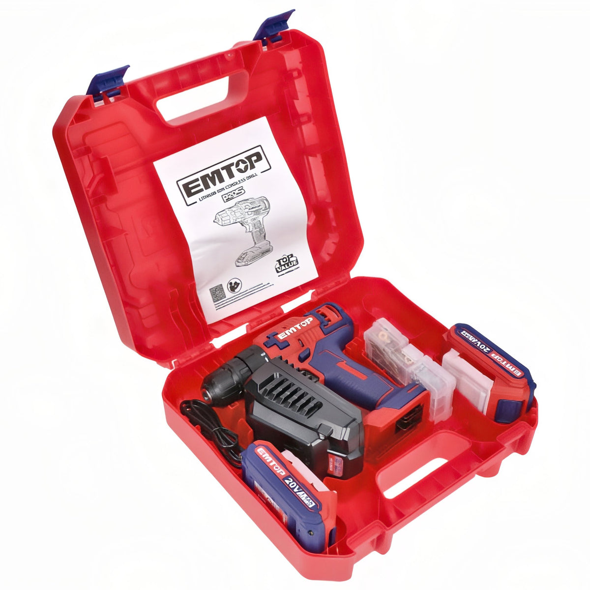 TALADRO BATERIA EMTOP 20V 45NM 15+1 P20S (INCLUYE 2 BATERIAS 2Ah, CARGADOR, MALETIN)