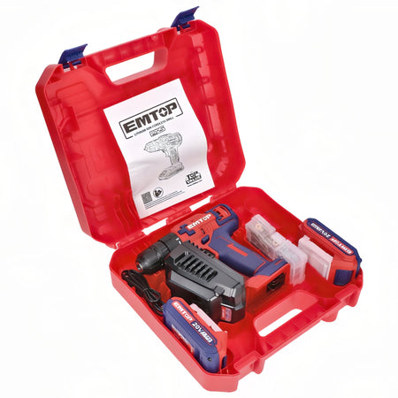 TALADRO BATERIA EMTOP 20V 45NM 15+1 P20S (INCLUYE 2 BATERIAS 2Ah, CARGADOR, MALETIN)