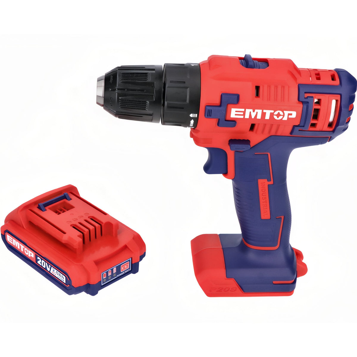 TALADRO BATERIA EMTOP 20V 45NM 15+1 P20S (INCLUYE 2 BATERIAS 2Ah, CARGADOR, MALETIN)