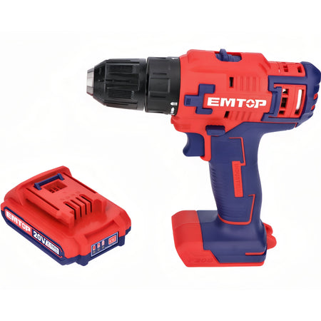 TALADRO BATERIA EMTOP 20V 45NM 15+1 P20S (INCLUYE 2 BATERIAS 2Ah, CARGADOR, MALETIN)