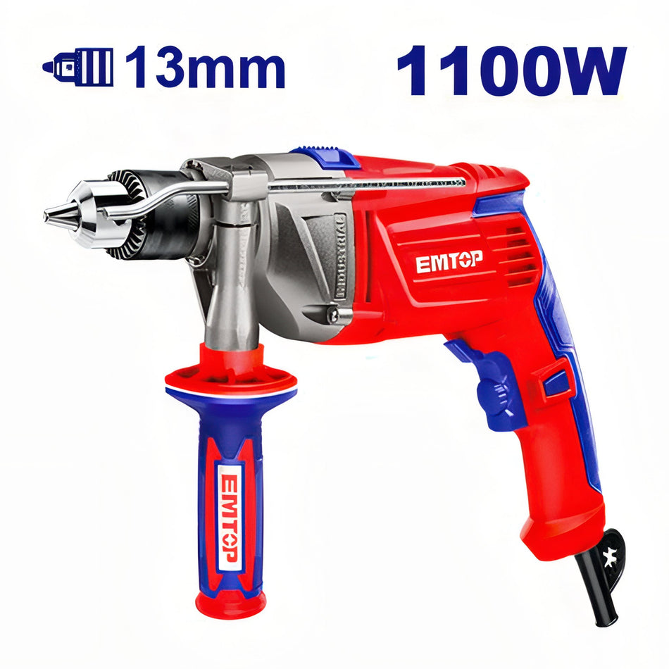 TALADRO PERCUTOR 1100W EMTOP (MAX 13MM - VELOCIDAD VARIABLE - CARCASA REFORZADA)